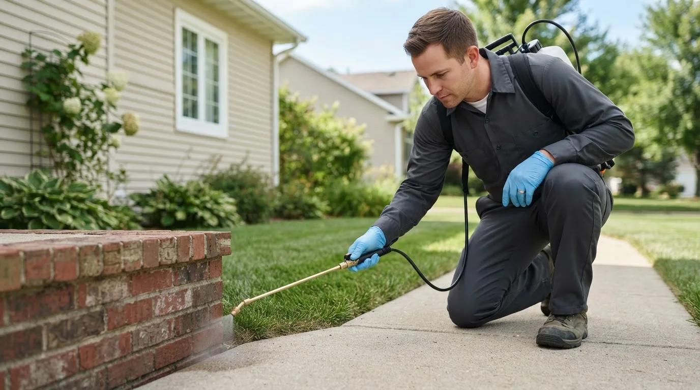 Pest control technician treating a home near Red Bud, IL